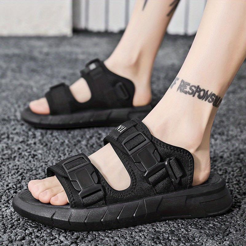 Men's sports sandals and slippers - beige fabric upper, black straps and buckles, TPR sole, Velcro closure, comfortable outdoor sports shoes for all-day wear