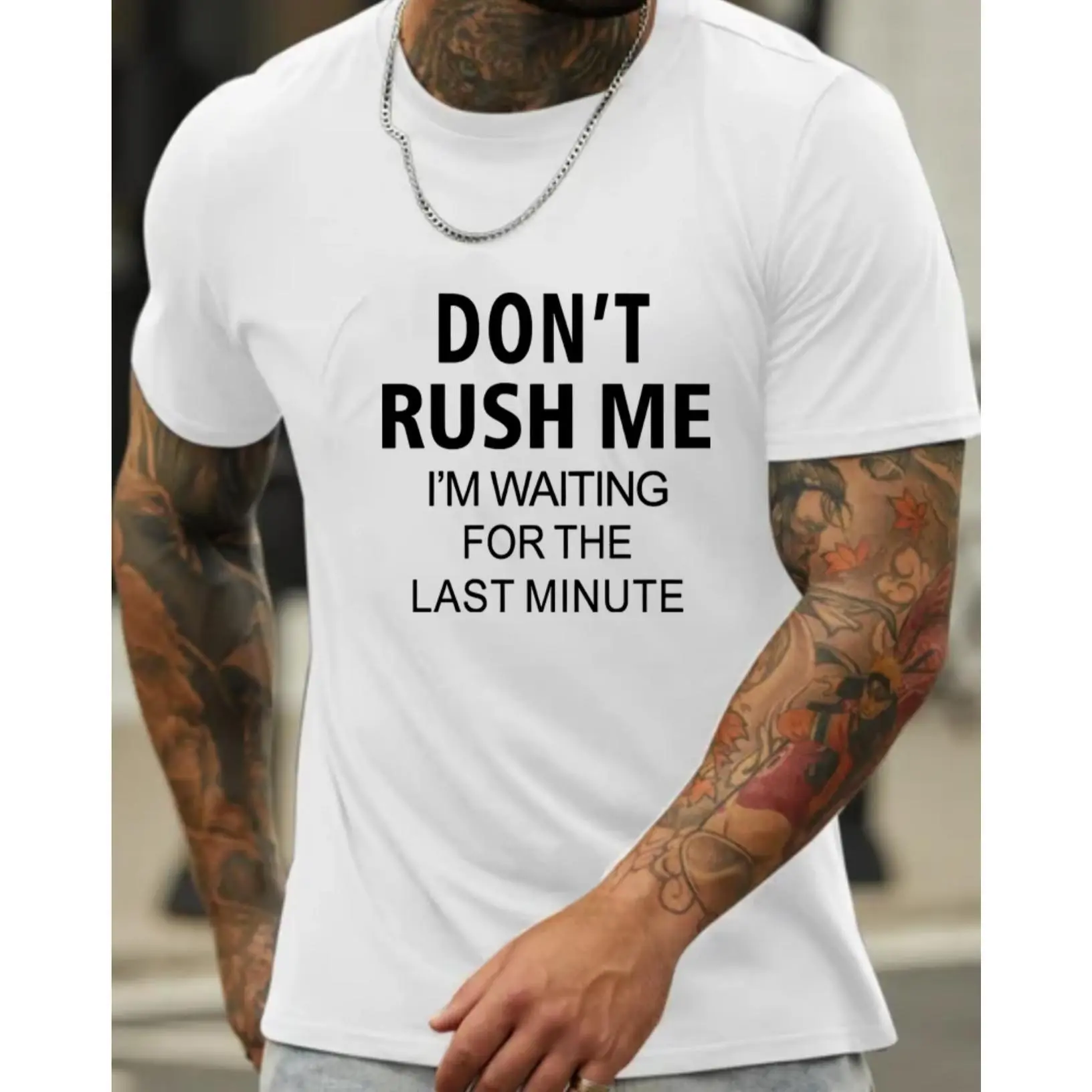 Men's Cotton Fabric Short-Sleeve Round Neck Oversized T-Shirt - Breathable Minimalist Casual Tops with "Don't Rush Me" Text Print, Valentine's Day Gift for Lazy Lovers