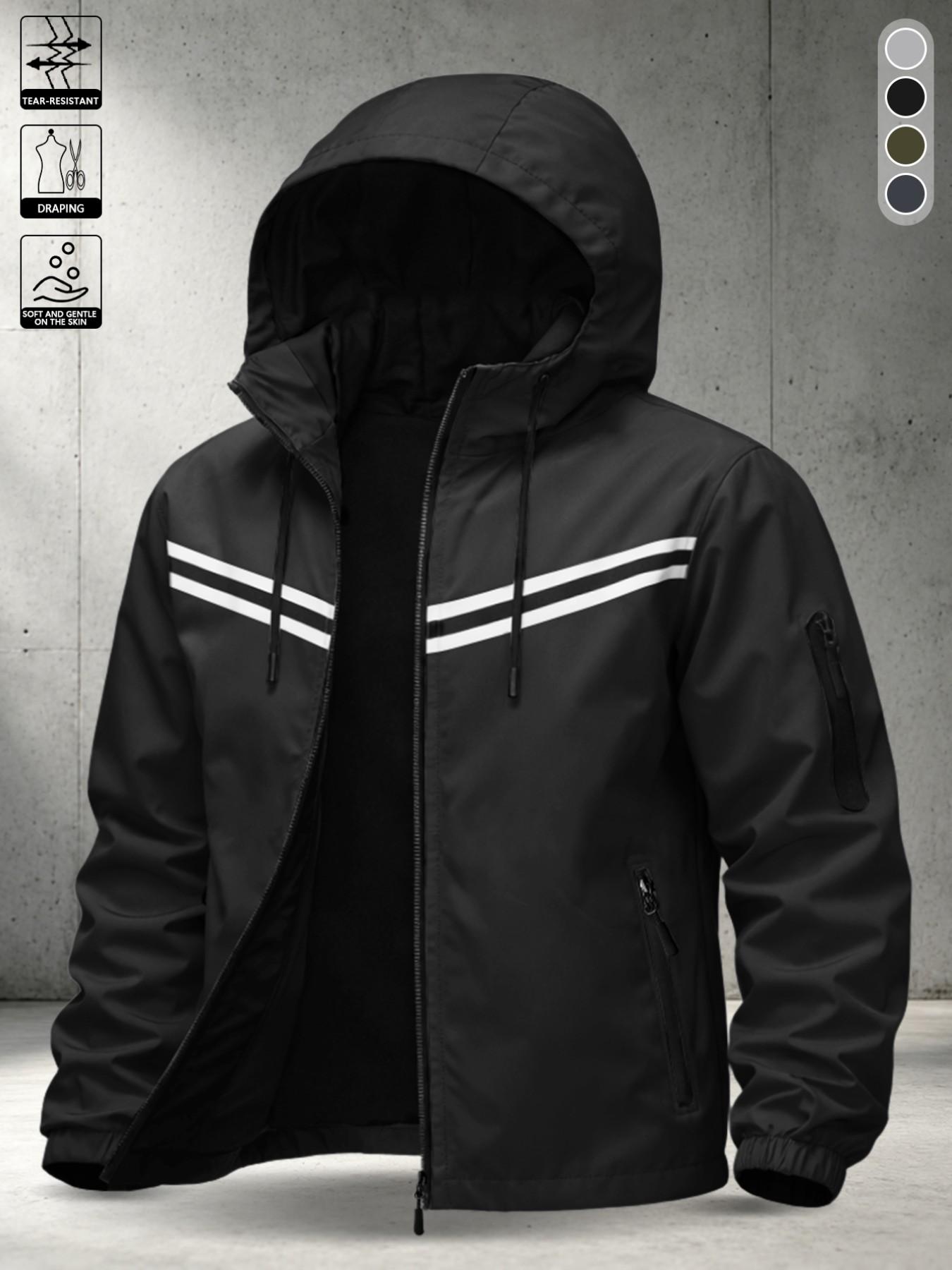 Men's Minimalist Daily Loose Fit Hooded Flying Jacket, Long Sleeve Print Casual Outerwear, All Seasons Short Open Front Coat