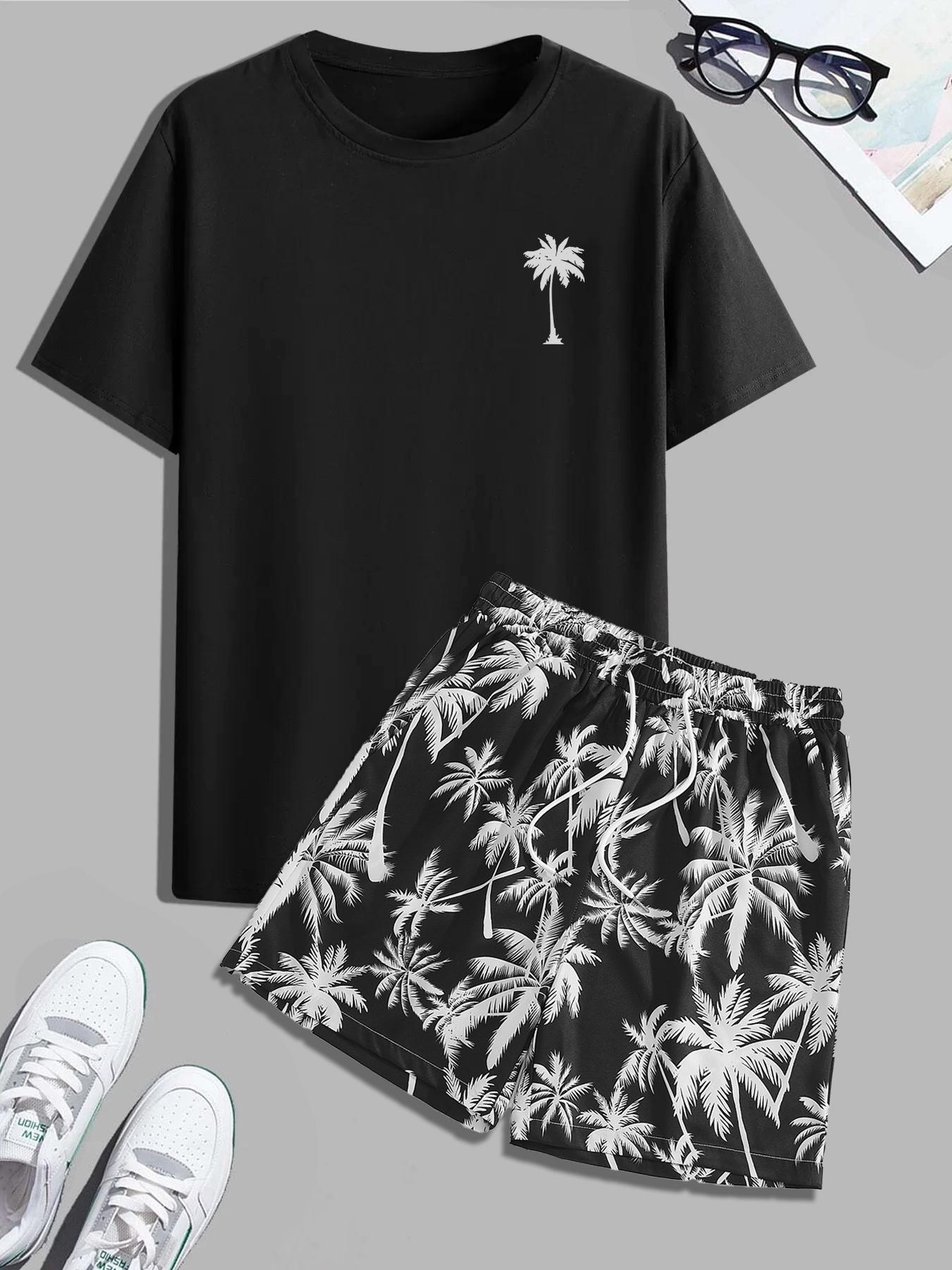 Men's Regular Fit Letter Print Shortsleeve Tee & Tropical Print Shorts Set, Casual Short Sleeve T-shirt & Drawstring Waist Shorts, Summer Clothes Set for Men, Homewear, Casual Lounge Set, Menswear, Pajamas Sleepwear