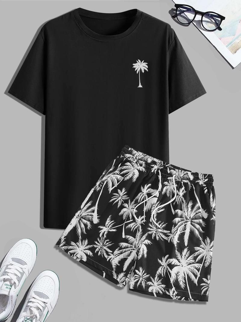 Men's Regular Fit Letter Print Shortsleeve Tee & Tropical Print Shorts Set, Casual Short Sleeve T-shirt & Drawstring Waist Shorts, Summer Clothes Set for Men, Homewear, Casual Lounge Set, Menswear, Pajamas Sleepwear
