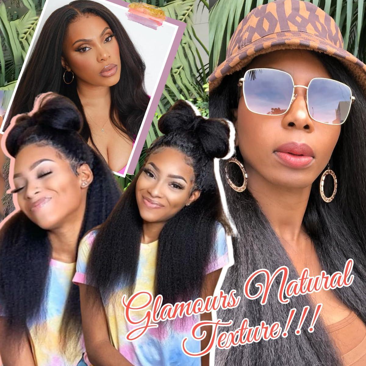 13X6 Synthetic Lace Front Wig 26 inches Kinky Straight Lace Front Wig Pre Plucked 180% Density Yaki Straight Lace Front Wigs For Black Women Heat Resistant Hair