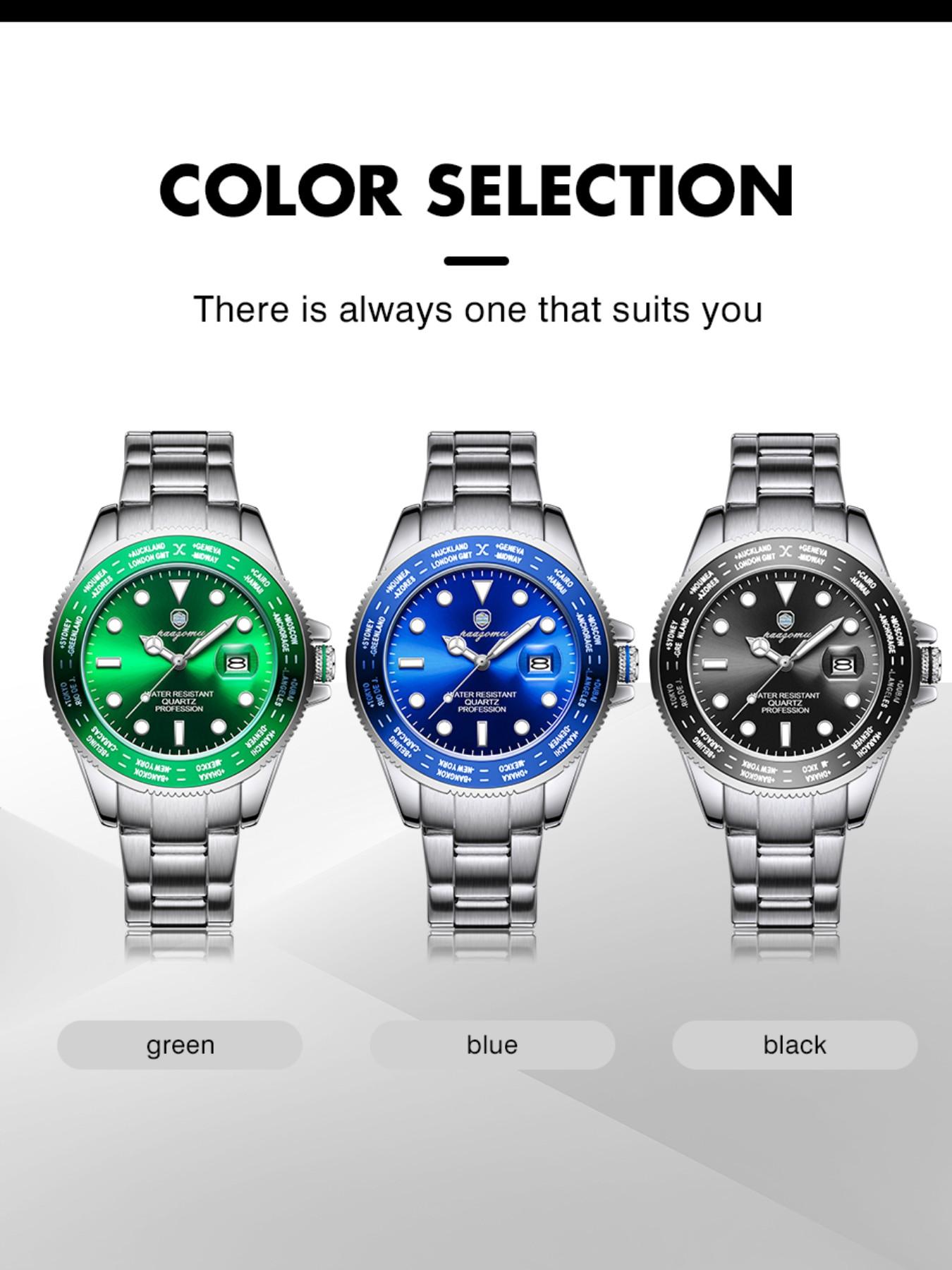 Paazomu Sport Men's Watch, Quartz Analog Display, Waterproof & Luminous, Stainless Steel Band, Casual Style, Ideal Gift