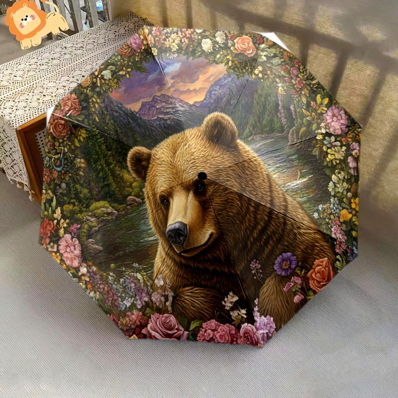 1 PC Automatic Folding Umbrella - Nature's Majesty: A Bear Amidst Flowers Pattern, Portable & Foldable Design with 8 Ribs, Merry Christmas Pattern,Casual Outdoor Accessory Halloween and Christmas Birthday Gifts. G0022