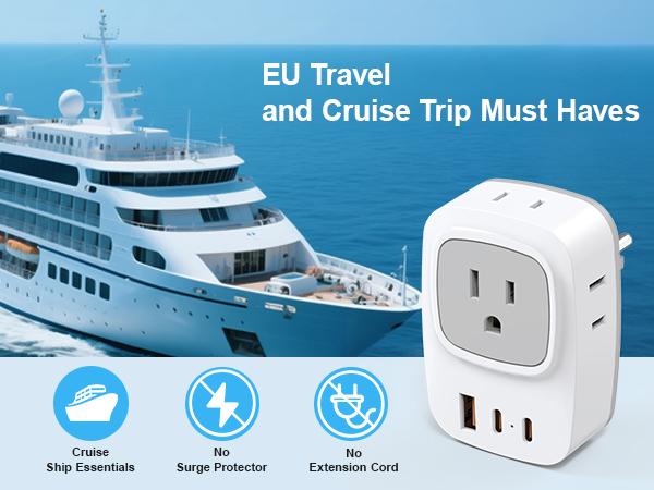 Germany France Power Adapter with 2 USB C, 4 AC Outlets. EU Plug Adapter for US to Europe, Korea, Iceland, Greece, Spain.