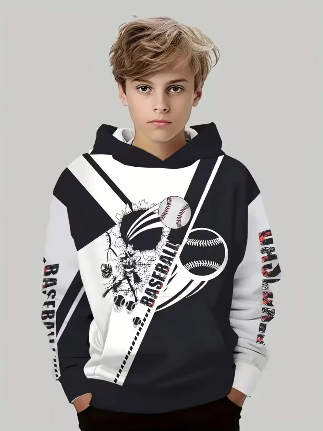 Cool Baseball Boy Hoodie, Colorblock Kids Pullover, Graphic Baseball Print, Casual Loose-Fitting Top, No Zipper
