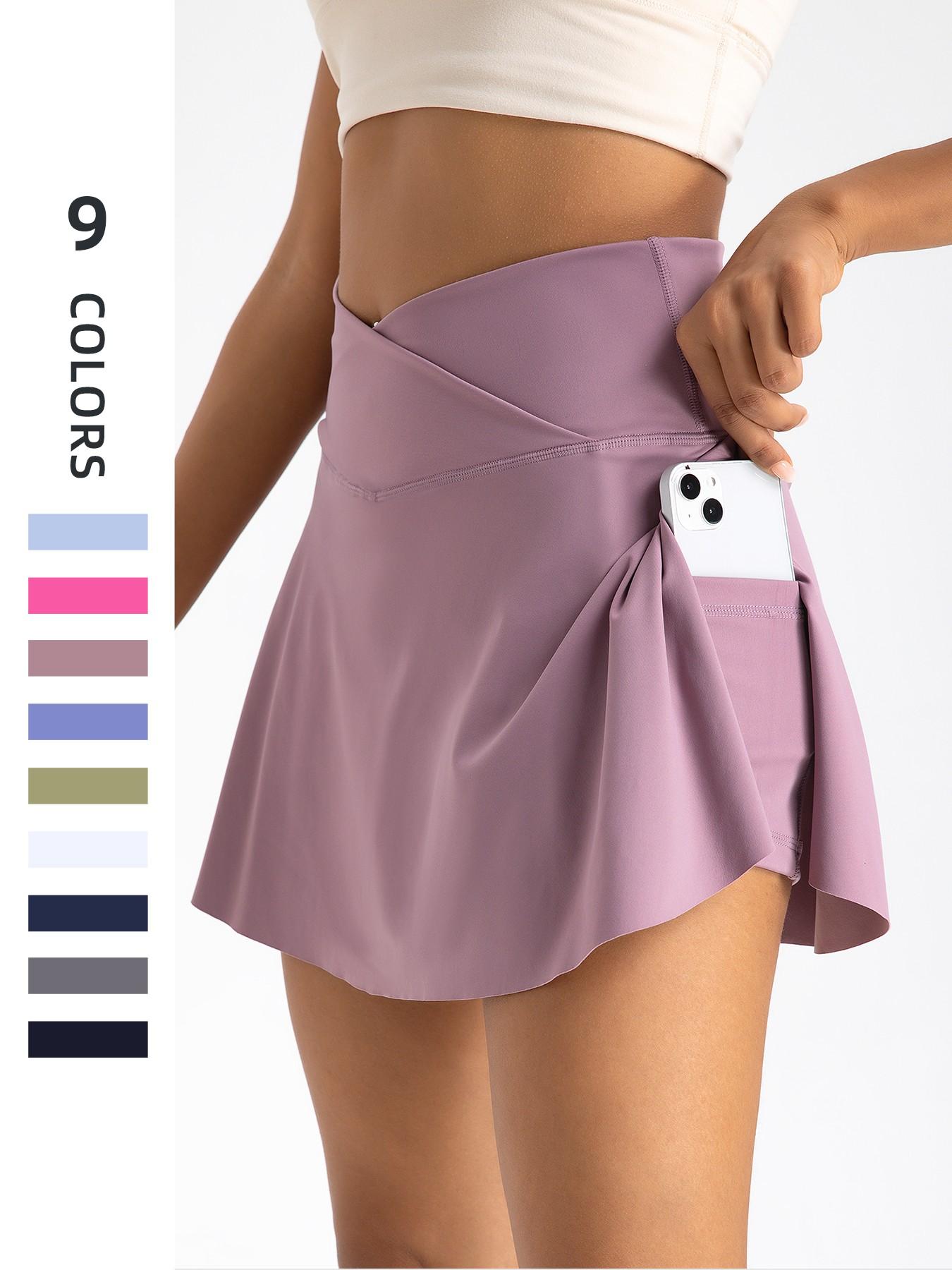 Women's High-Waisted Cross-Belt Sports Skirt, Waist Cinching with Pockets, Anti-Exposure Tennis Skirt, Breathable Yoga Shorts Skirt