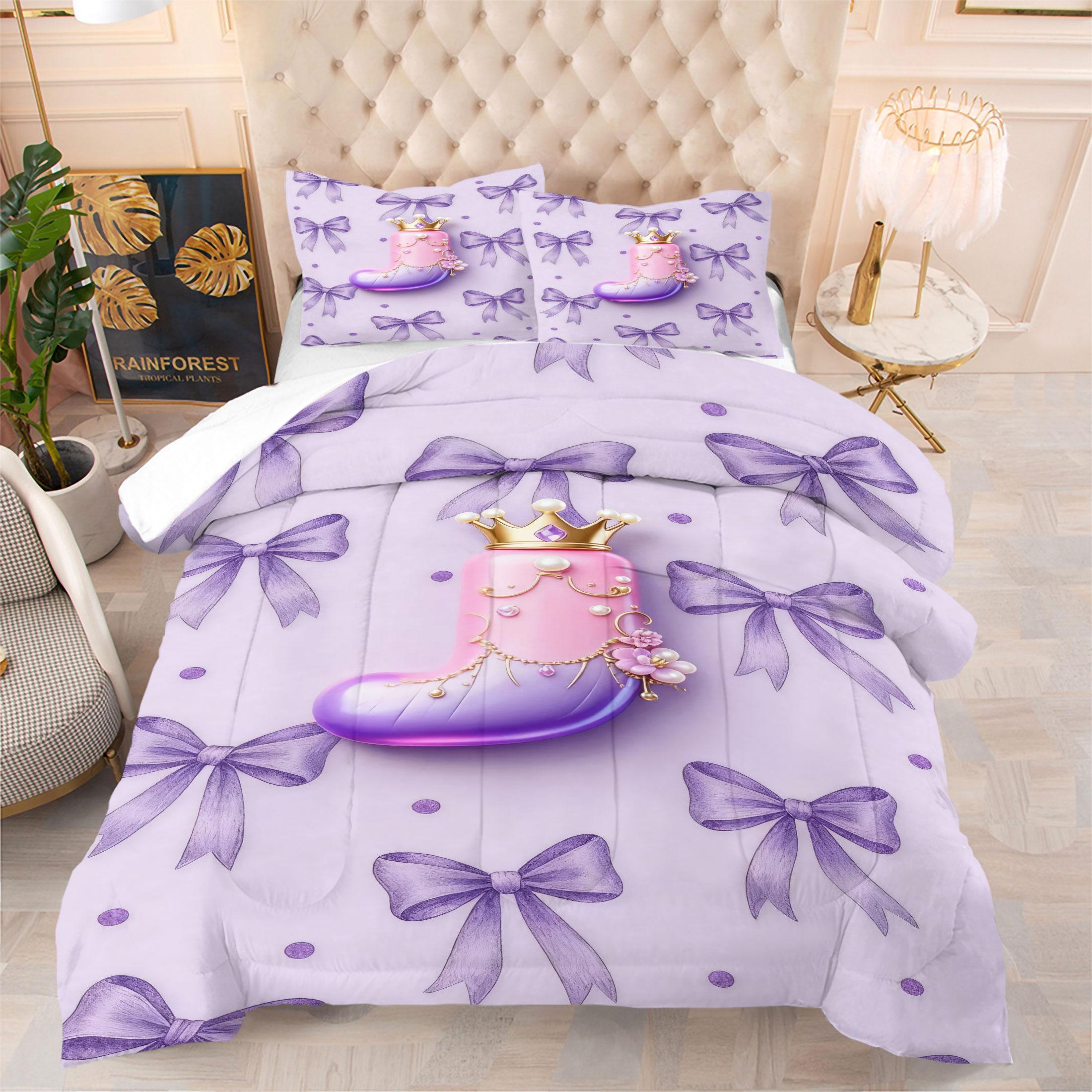 Bow Pattern Comforter Set, 3D Crown Letter Print Comfy Bedding Set, Fashion Princess Style Design, Soft and Comfortable Microfiber Material, Perfect for Girls Teenage Room Decor Home Decorating Kit, No Filler Included