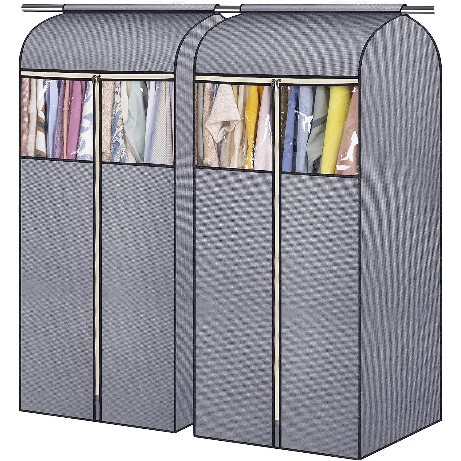 54''  Garment Bags for Closet Storage Sealed Completely Jackets Coats Suits Clothes Rack Cover for Wardrobe with Clear PVC Window, 2 Packs, Grey( Rod Not Included)