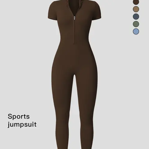 Women's Solid Zipper Mock Neck Sports Jumpsuit, Summer Outfits 2024, Casual Sporty High Waist Quick Drying Jumpsuit for Yoga Gym Workout, Ladies Summer Sportswear, Activewear Jumpsuit, Tight Yoga Jumpsuit, Workout Jumpsuits