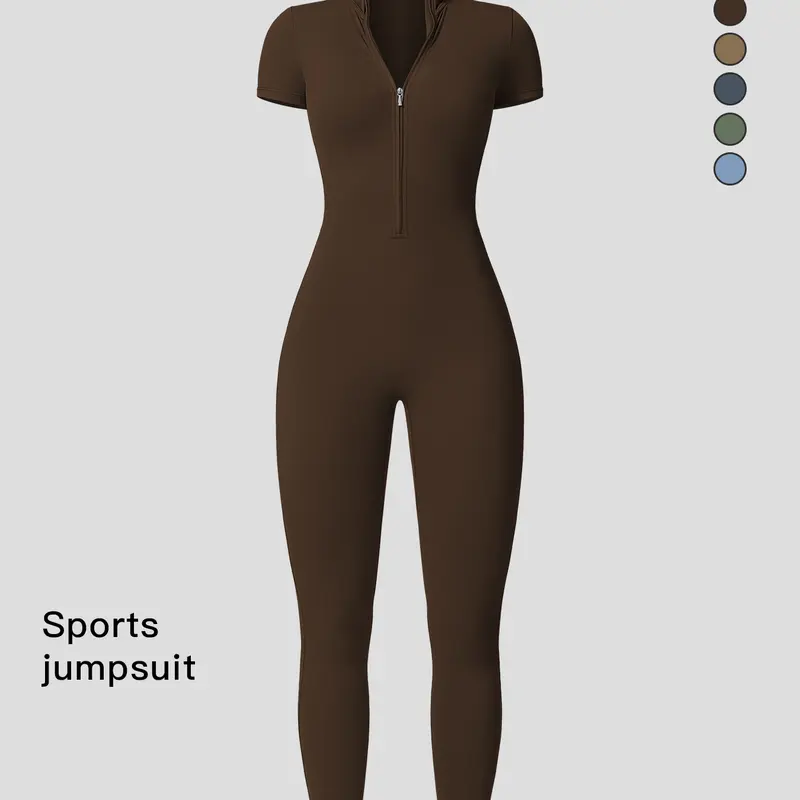 Women's Solid Zipper Mock Neck Sports Jumpsuit, Summer Outfits 2024, Casual Sporty High Waist Quick Drying Jumpsuit for Yoga Gym Workout, Ladies Summer Sportswear, Activewear Jumpsuit, Tight Yoga Jumpsuit, Workout Jumpsuits
