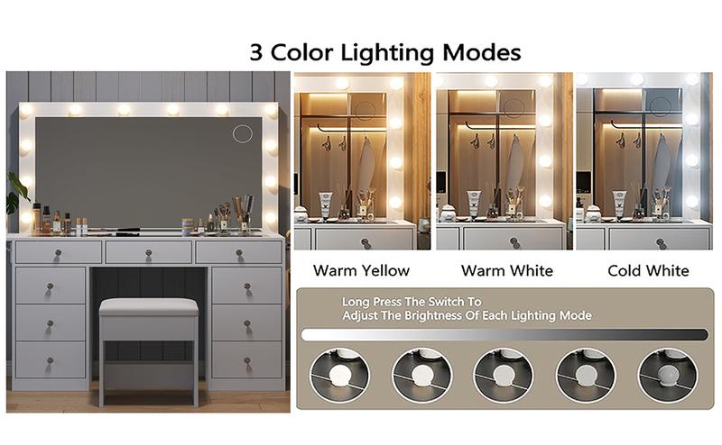 FUSOU [ Valentine's Day ] 47"W 9 Drawers Vanity Set with Fold-up Panel, Vanity Desk with Power Outlet, Makeup Vanity with Lighted Mirror, 3 Lighting Modes Adjustable, Glass Top, Vanity Table with Chair for Bedroom
