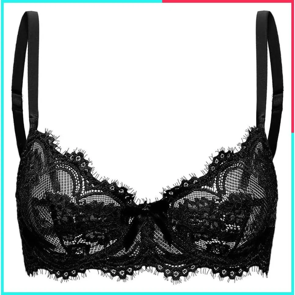 Sexy Lace Balconette Bra for Women Unlined Demi Bralette Scallop Sheer No Padding Push Up Underwire Lingerie Plus Curvy See Through Lacy Cup Halloween Christmas Valentine's Boudoir