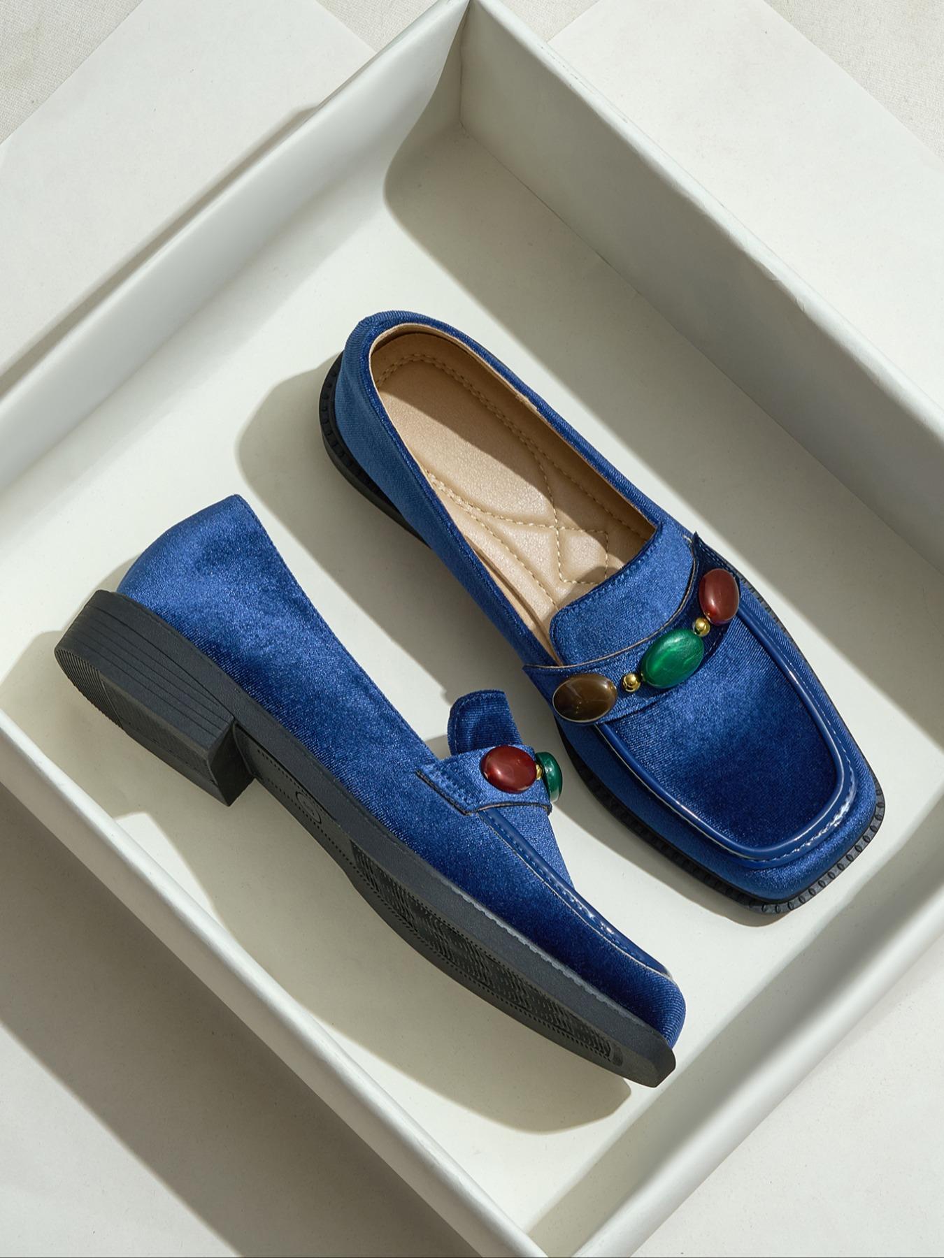 Women's Fashion Fall New Velvet Thick Sole Blue Square Toe Mid Heel Soft Bottom Outdoor Lightweight Breathable Slip-On Loafers