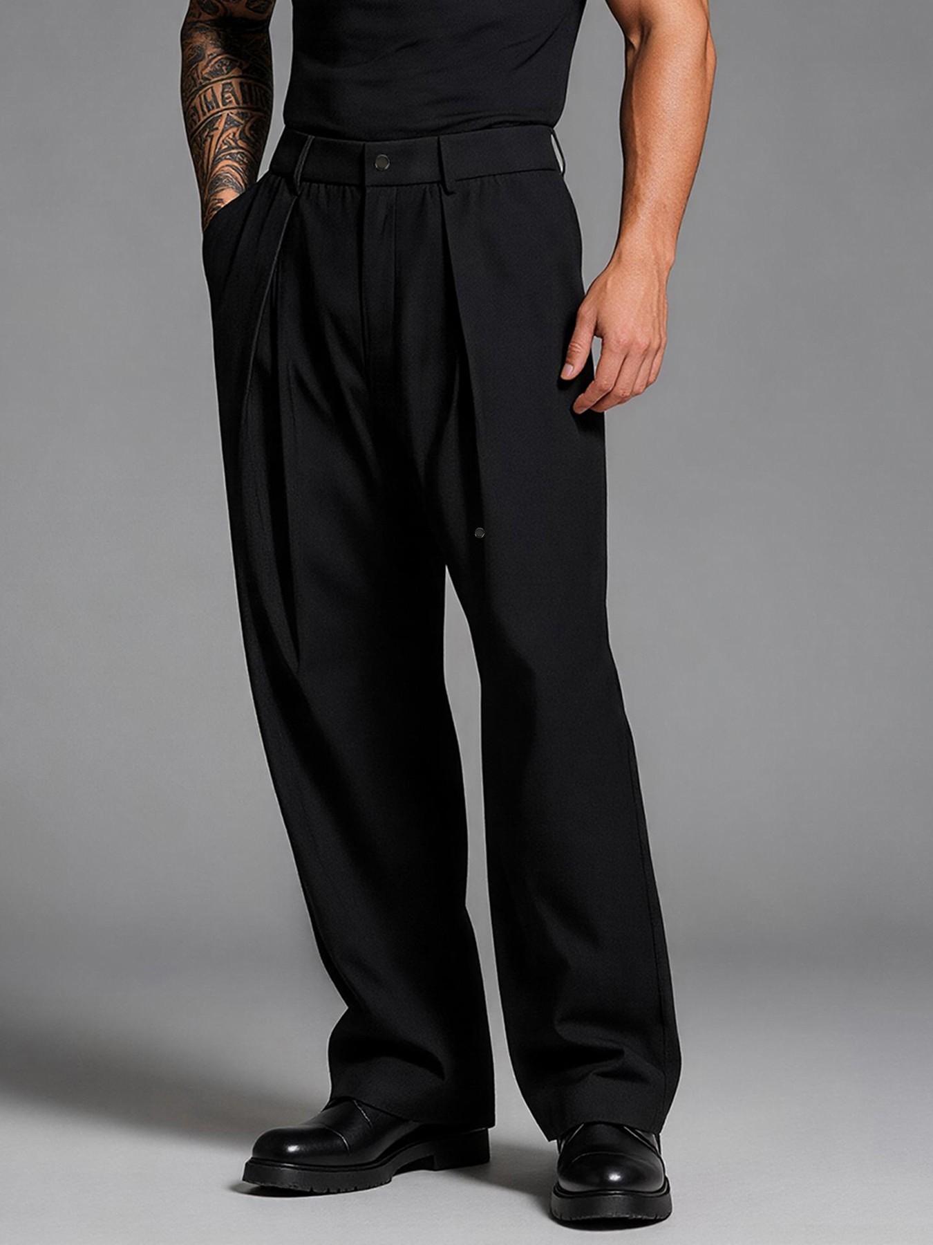Men's High Waist Pleated Wide Leg Dress Pants, Casual Straight Leg Trousers with Button Detail, Relaxed Fit Business & Streetwear Pants for Men, Menswear