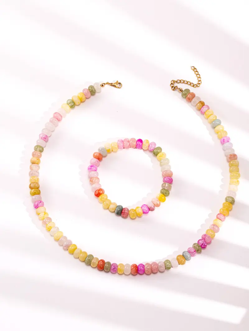 2026 Summer Boho Aesthetic Cool Colorful Playful Imitation Natural Stone Beaded Design Necklace Bracelet Set, Sweet Macaron Color Artificial Crystal Jewelry Set, Elegant Minimalist Bohemian Style Gift Ready for Women Men