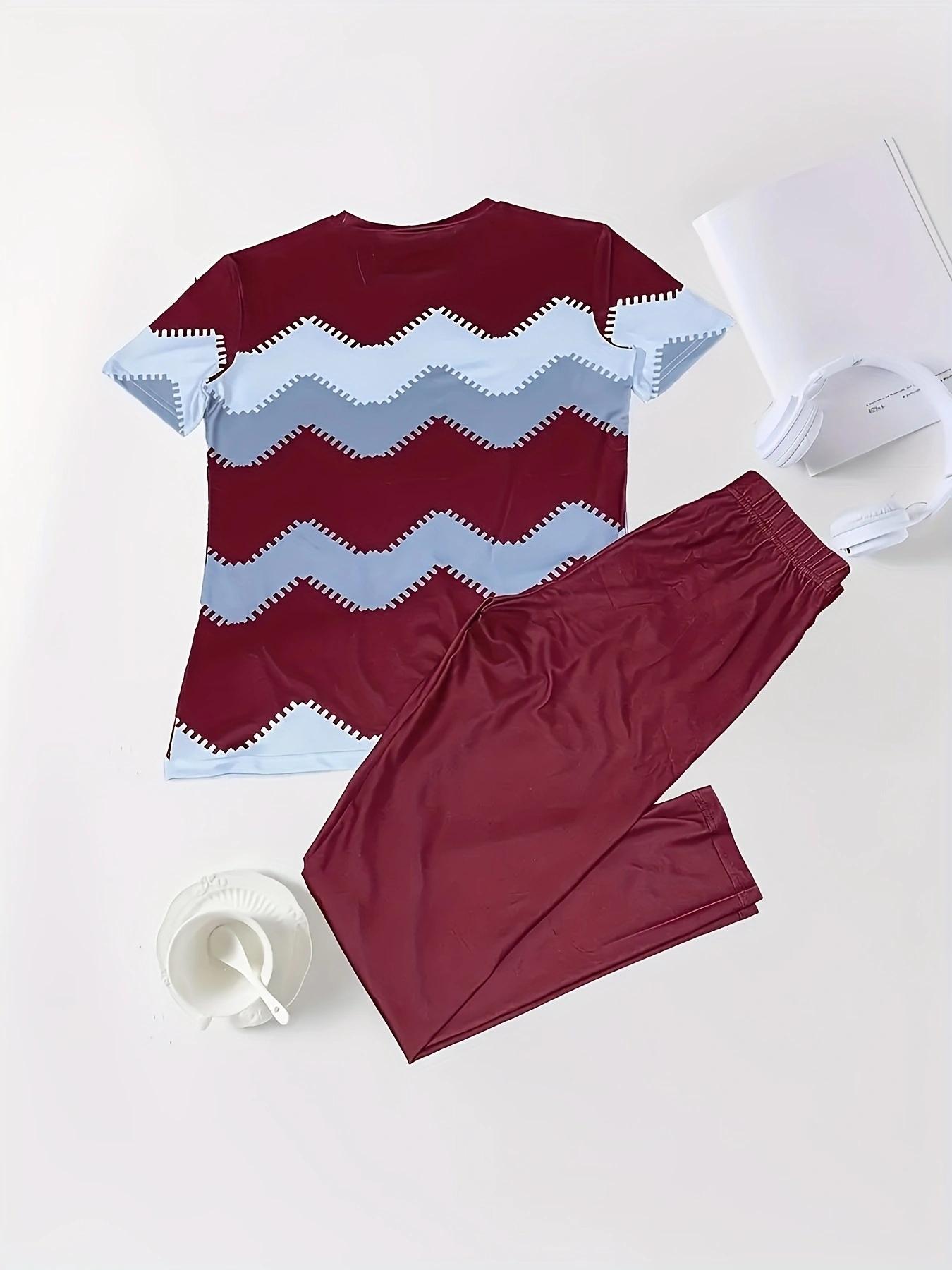 Women's Striped Patchwork Casual Two-Piece Set, Spring & Fall Fitted Round Neck Short Sleeve Top and Long Pants, Womenswear
