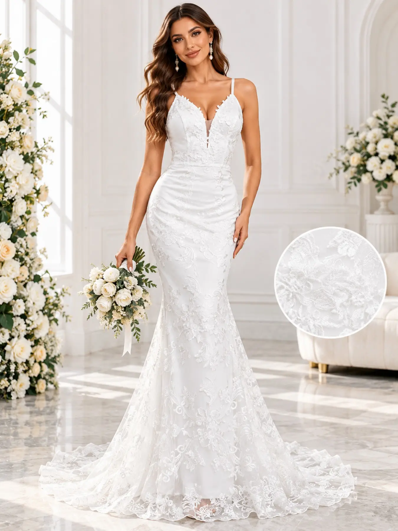 Lace Appliques Mermaid Wedding Dress for Women Spaghetti Strap V Neck Cutout Back Bridal Gown with Train Beach Wedding Dress Out Bridesmaid Gown, Beach Wedding, Outdoor Wedding, Elegant
