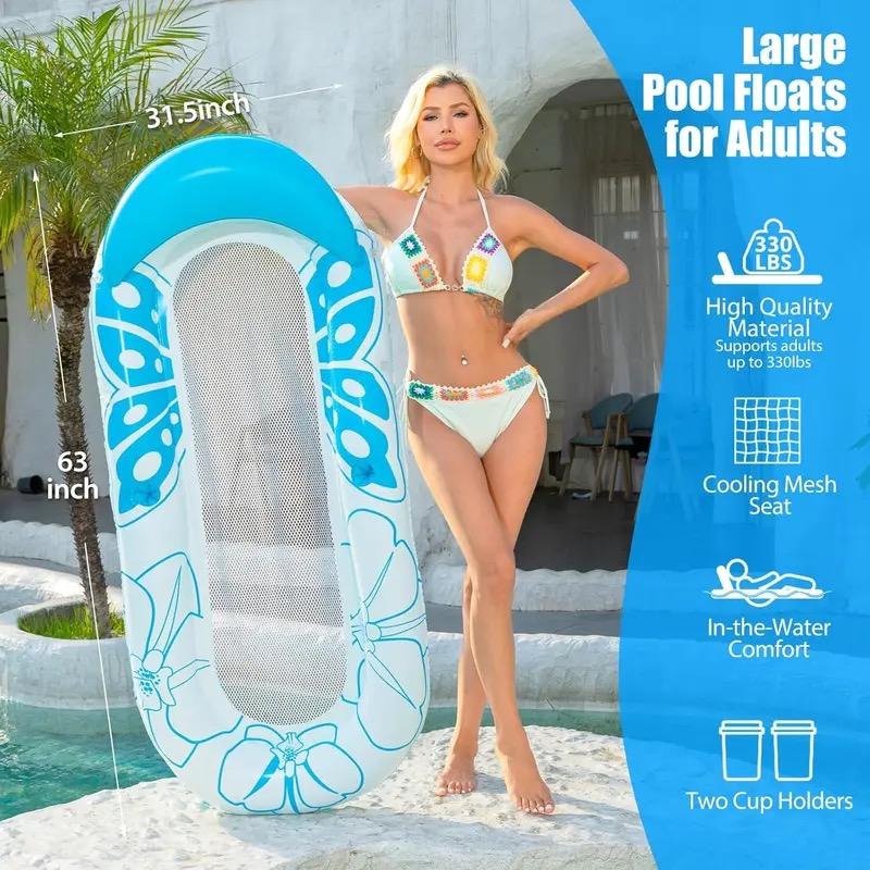 Inflatable Pool Lounge Float-Floaties Rafts for Adults Floating Lounger Sun Tanning Floats Cool Water Floaty Swimming Lake Beach Party Toys with Cup Holders