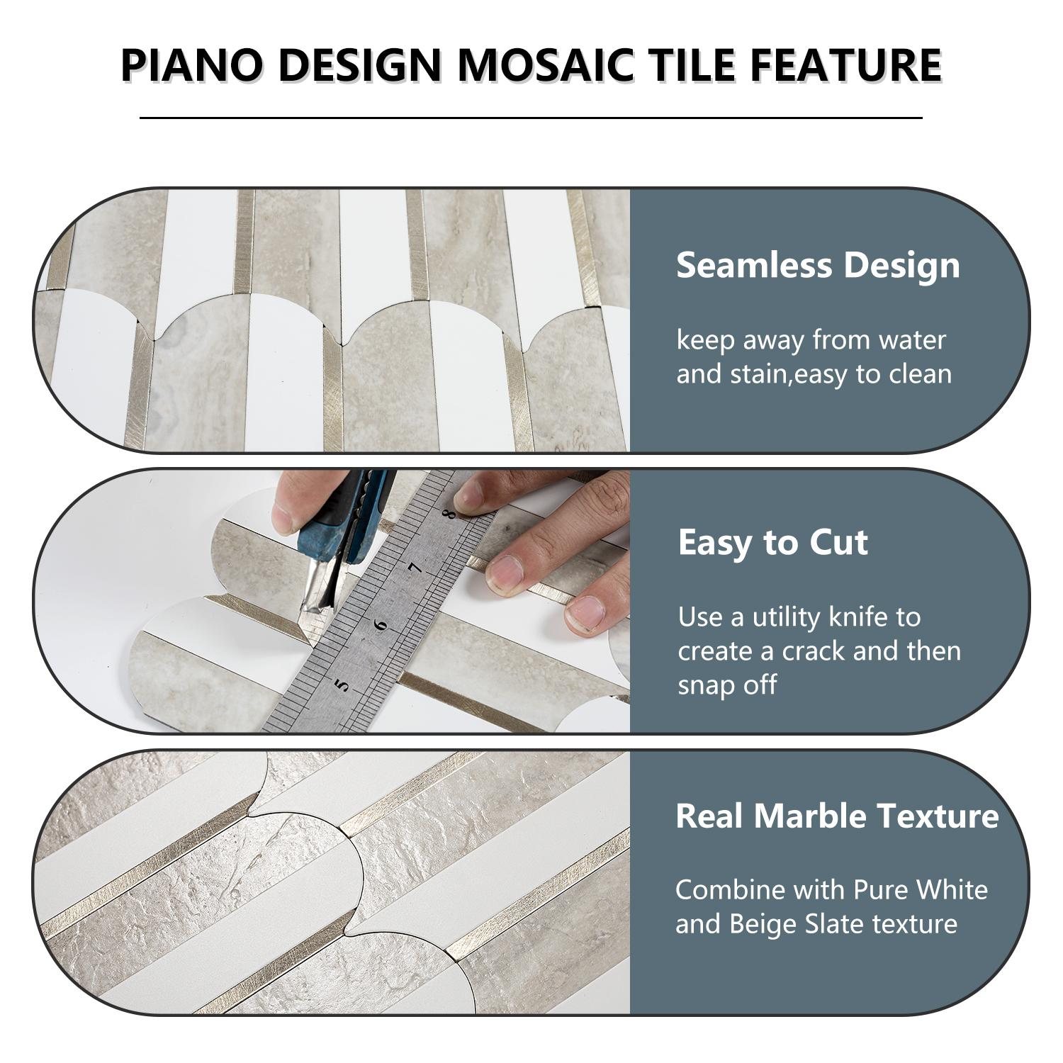 Vamos Tile 10pcs Peel and Stick Backsplash Seamless Tile for Kitchen and Bathroom, Self Adhesive Fish Scale Metal Mosaic Tiles - White and Beige Slate Vinyl Oval