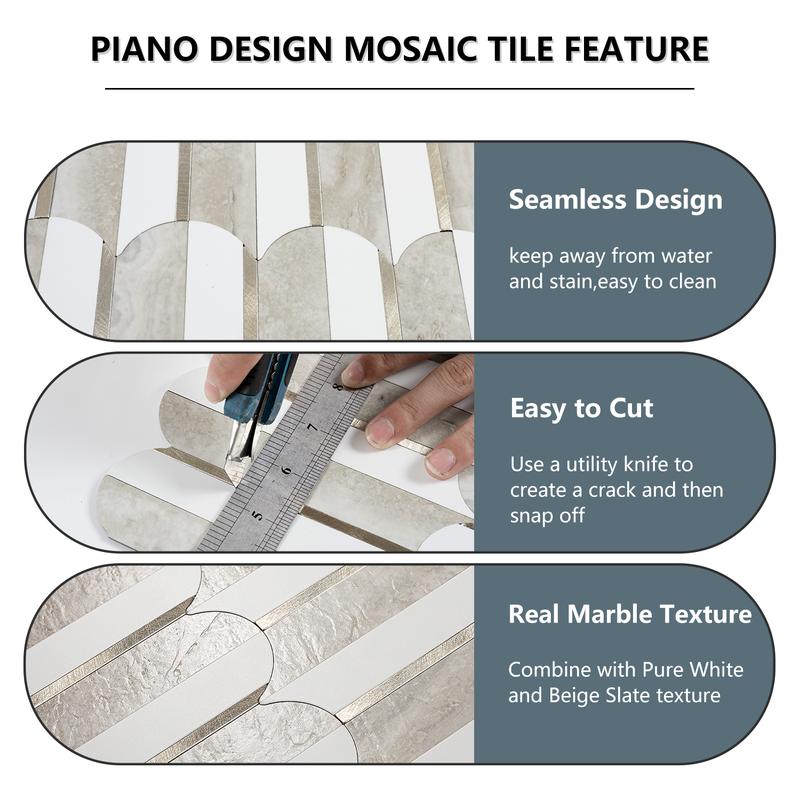 Vamos Tile 10pcs Peel and Stick Backsplash Seamless Tile for Kitchen and Bathroom, Self Adhesive Fish Scale Metal Mosaic Tiles - White and Beige Slate Vinyl Oval