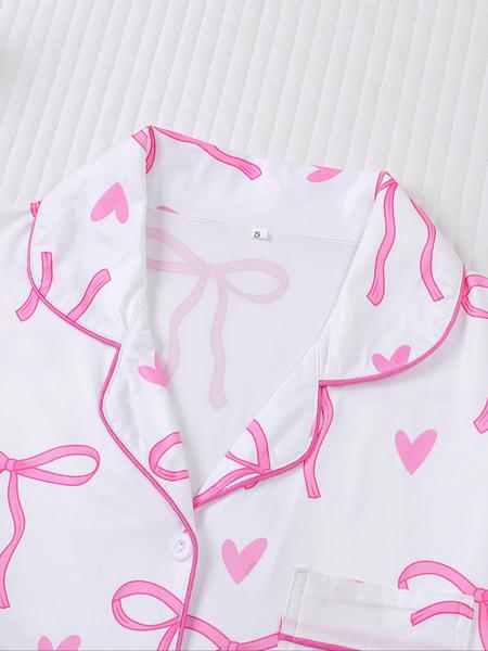 Women's Cute Bow Print Pajama Set,Valentine's Day Gift ，Fall & Winter Casual Homewear, Soft Elastic Fabric, Long Sleeve Shirt Collar Top & Pants