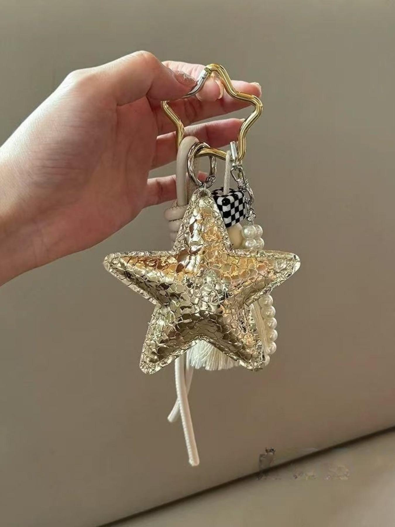 Gold Silver Color Pearl Sequin Star Bag Charm, Style Keychain Pendant, Book Decoration Accessory, Fashion Jewelry Gift, Sparkly Bag Charm