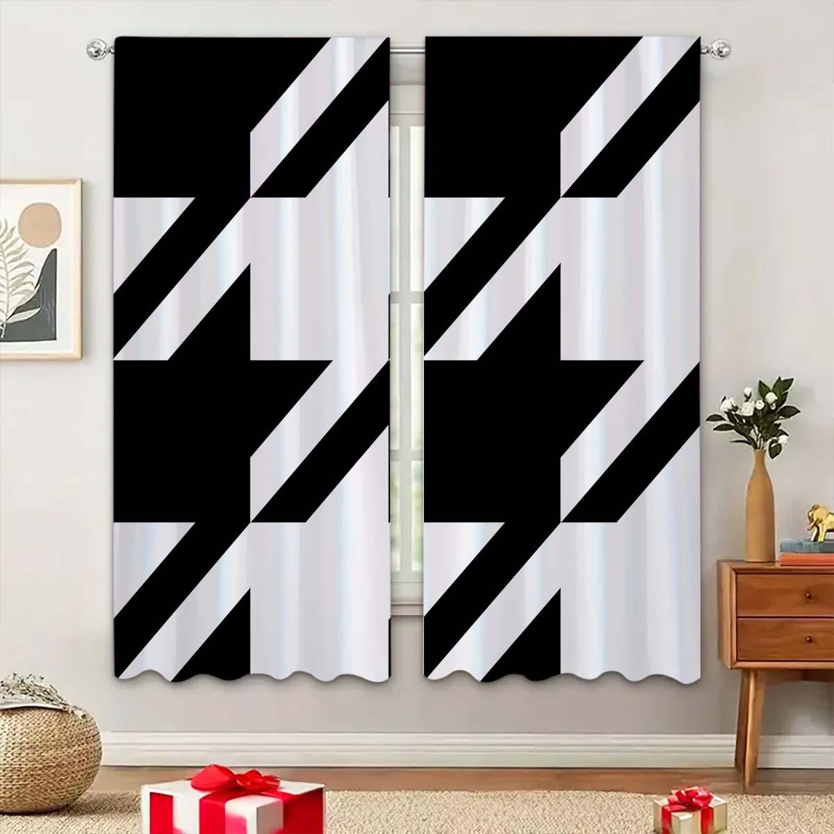 2pcs Creative Geometric Checkered Print Curtains, Light Blocking Drapes, Polyester Fiber, Kitchen Bedroom Office Living Room Decor