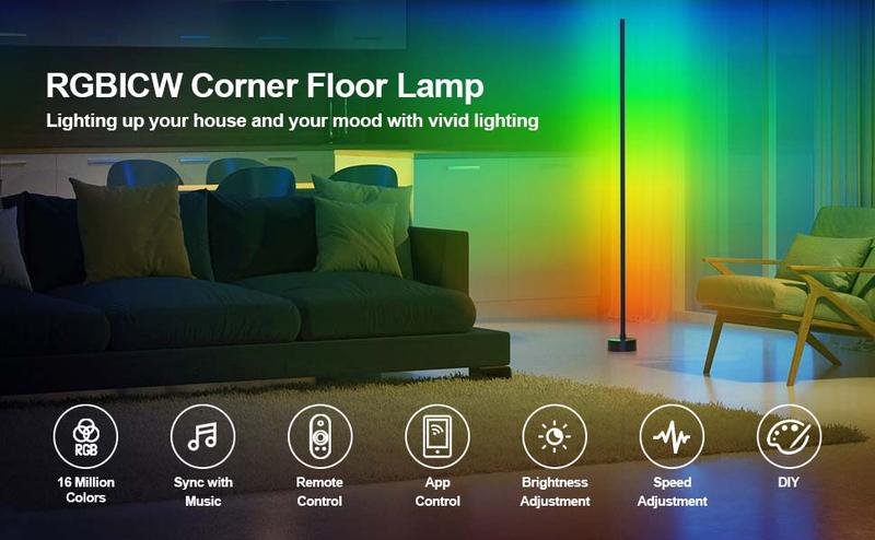 BORNERWHITE Floor Lamp, LED Corner Lamp Works with Alexa, Smart Modern Floor Lamp with Music Sync and 16 Million DIY Colors, Color Changing Standing Floor Lamp for Bedroom Living Room
