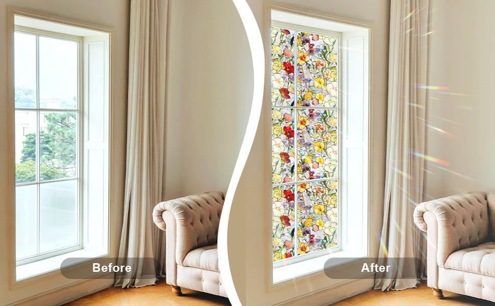 Rainbow Floral Window Privacy Film Sun Blocking 3D Decorative PVC Stained Window Decals Non-Static Cling Sticker for Home Office, 16.93 x 39.37 Inch.