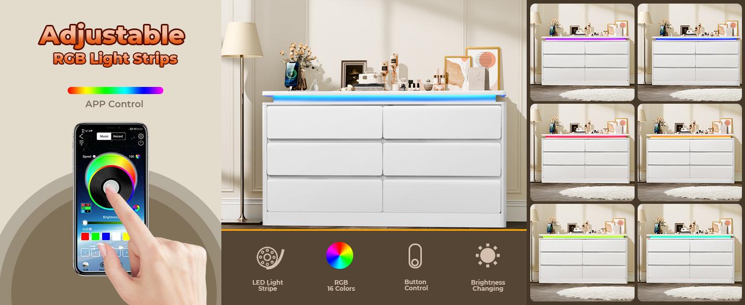 Modern 6 Drawer Dresser with Power Outlet, LED Light, Modern Chest of Drawers for Closet, Double Wide Drawer Organizer Cabinet