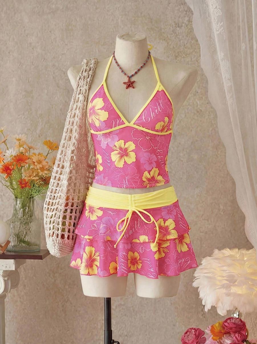 Women's Summer Beach Festival Print Halter Bikini Set, Casual Vacation Style, Fitted Tank Top and Skirt Three-Piece Suit, Tankini Sets