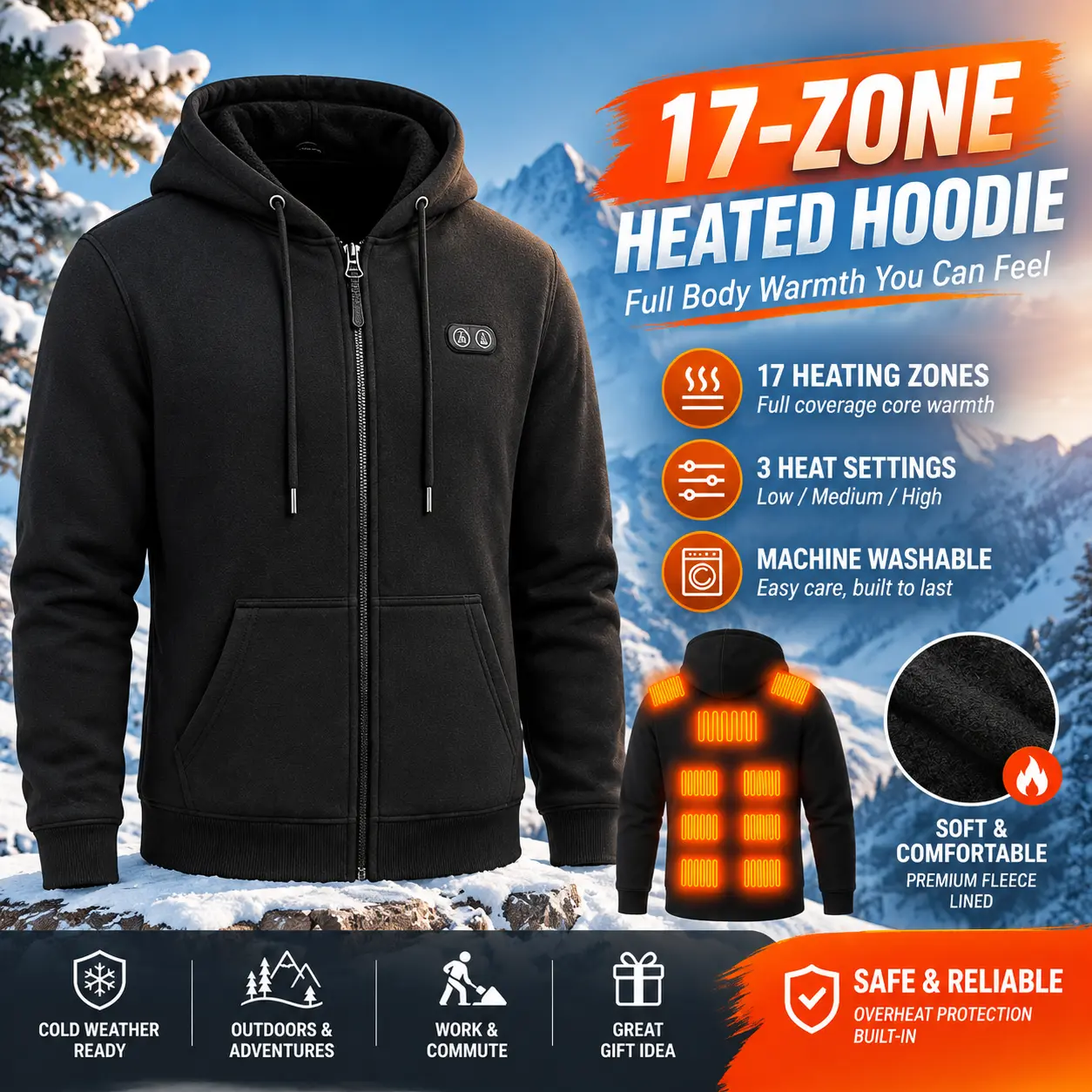 Men's Casual Smart Heated Hoodie Jacket - Menswear Outdoor Full-Zip Outerwear with 17 Heating Zones (Neck, Shoulders, Front, Back), Dual-Button Heat Control, Ribbed Details, Pocket, Cozy Lining for Winter Comfort