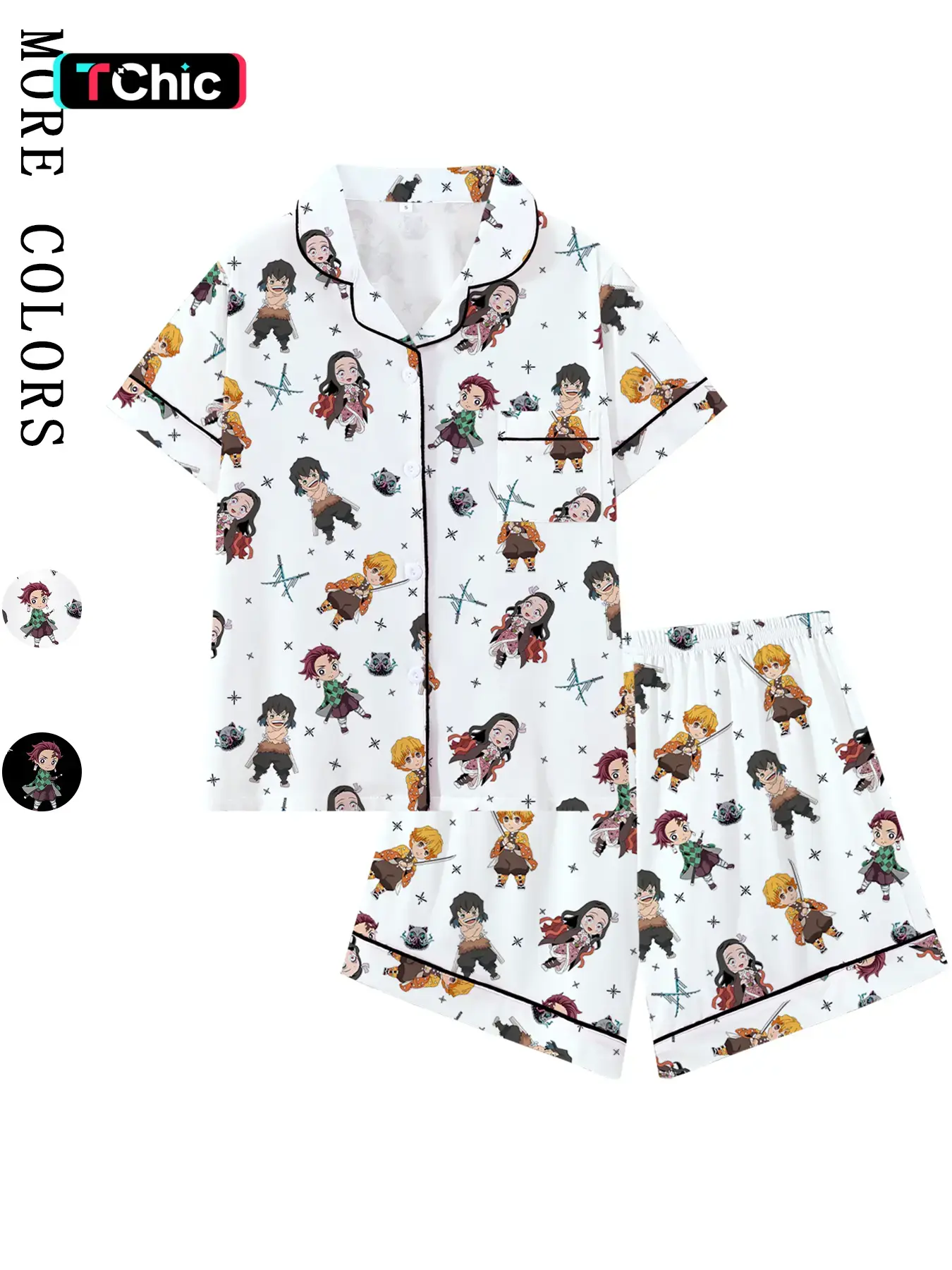 Men's & Teens' Anime Demon Slayer Collared Short Sleeve Fitted Pajama Set, Comfortable Casual Sleepwear & Loungewear for All Seasons, Anime Pajamas Pjs Pyjamas Gift