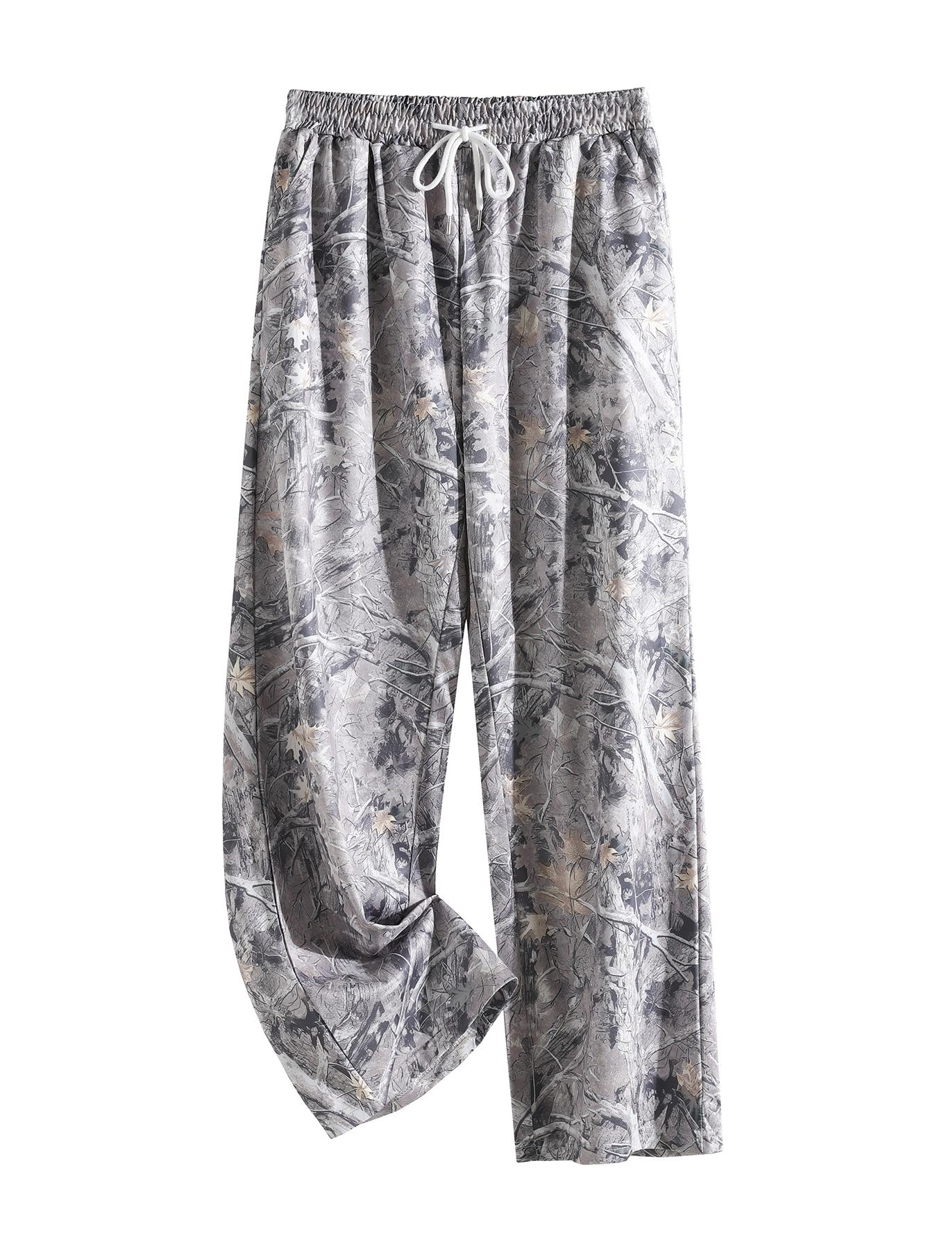 Women's Camo Wide Leg Pants with Pockets, Loose-Fit Adjustable Drawstring Waist, Casual Fashion for Spring Summer Fall, Adult Clothing