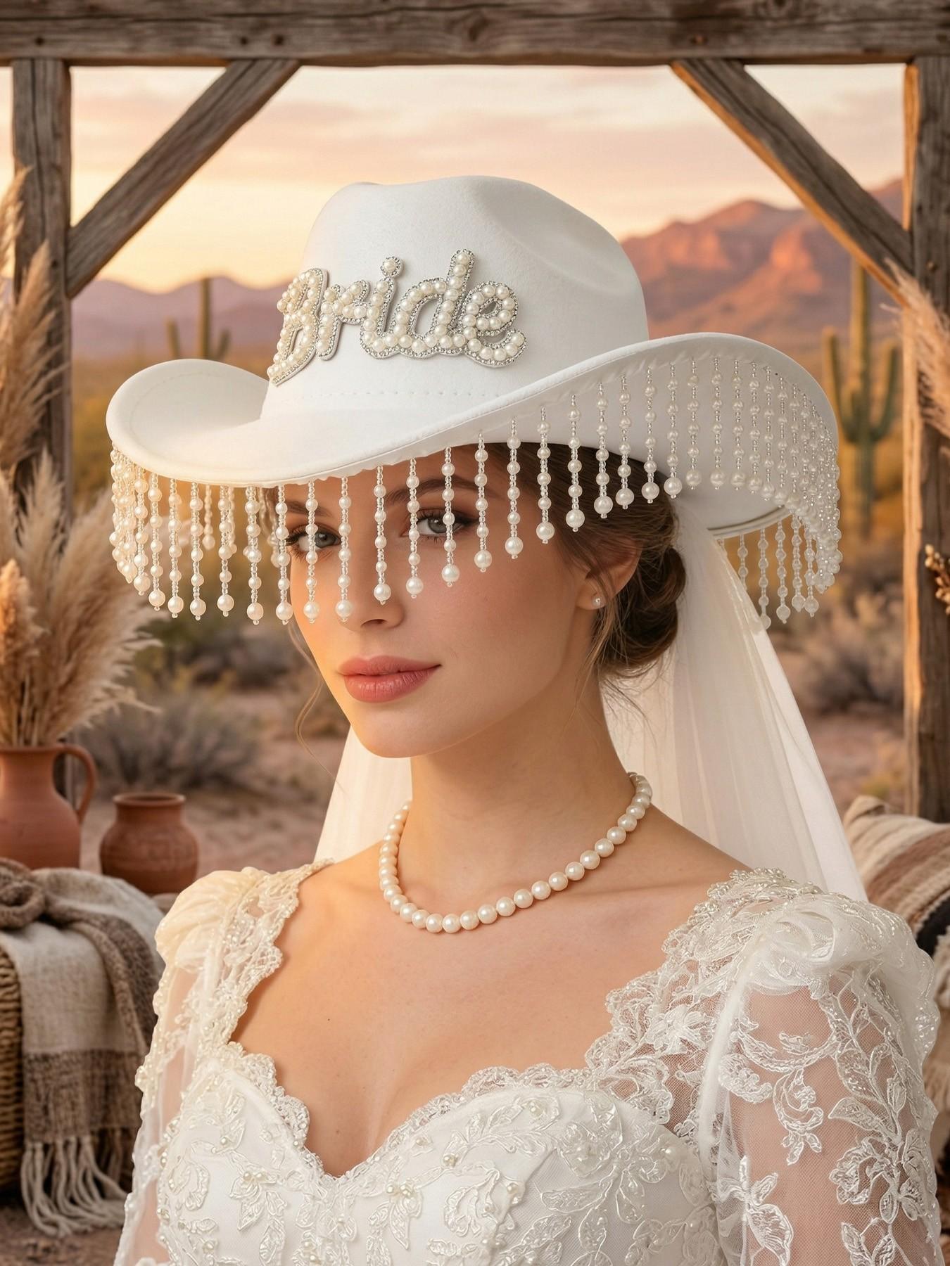 Pearl Fringe Bridal Cowboy Hat, Essential for Bachelorette Party Photos, Bride Letter Decoration, Western Style Wedding Accessory