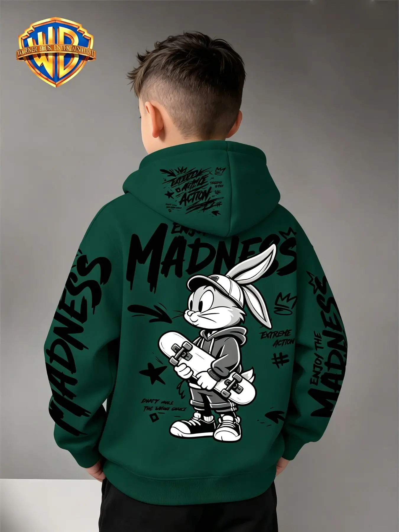 Warner Bros Boys' Skateboarding Hoodie, Cool Bugs Print, Cartoon Print Hoodie, Loose Fit, Casual Streetwear, Fall & Winter Essential