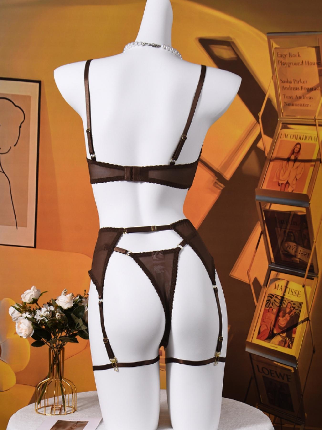 Lovingerie Eyelash Lace Lingerie Set For Women, Strappy Underwire Bra With Sheer Cups, Adjustable Garter Belt, Matching Thong Panty And Leg Garters, Seductive Boudoir Outfit, Curves Flattering Nightwear Sleepwear.Perfectly Highlights Your Feminine Charm.