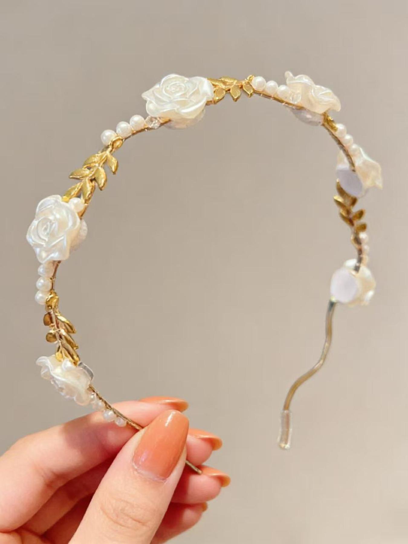 2 Pcs Vintage Rose & Pearl Hairbands, High-Quality Alloy Material, Unique Crown Design, Elegant Floral Pattern, All Seasons Headwear