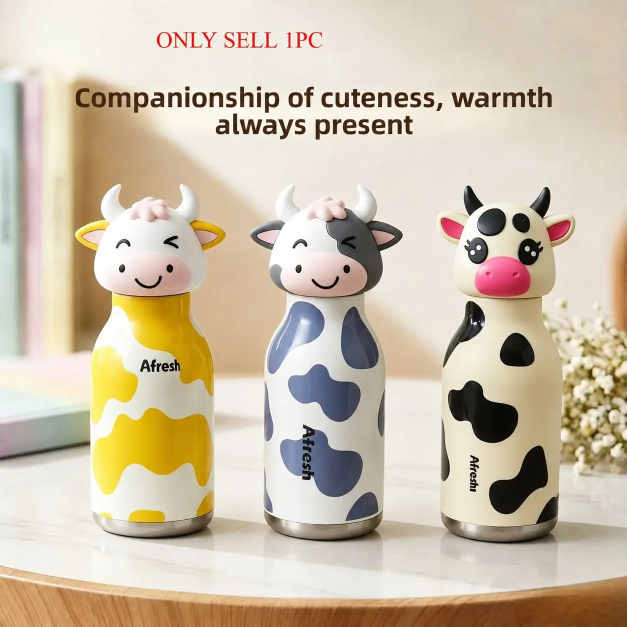Poeny home girlfriend with the same cartoon doll 3D cute cow shape stainless steel food grade silicone leak-proof water cup suitable for children, students and young groups daily campus home office travel