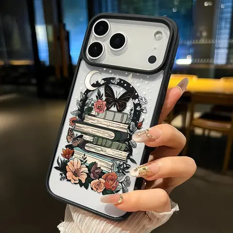 Magnetic Multi-Model Smartphone Cover for iPhone 16 Plus/17/16 Pro Max/15/14/13/12/11/Air E - Moonlight Flower Book Pattern, Non-Yellowing Shockproof Soft Silicone Transparent Back, Wireless Support, Protective Handheld Casing QXE712