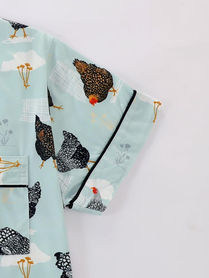Women's Summer Cool Short Sleeve Sleepwear Set, 2 Piece Button Front Top and Elastic Shorts, Cartoon Chicken Print, All Seasons Comfortable Fit