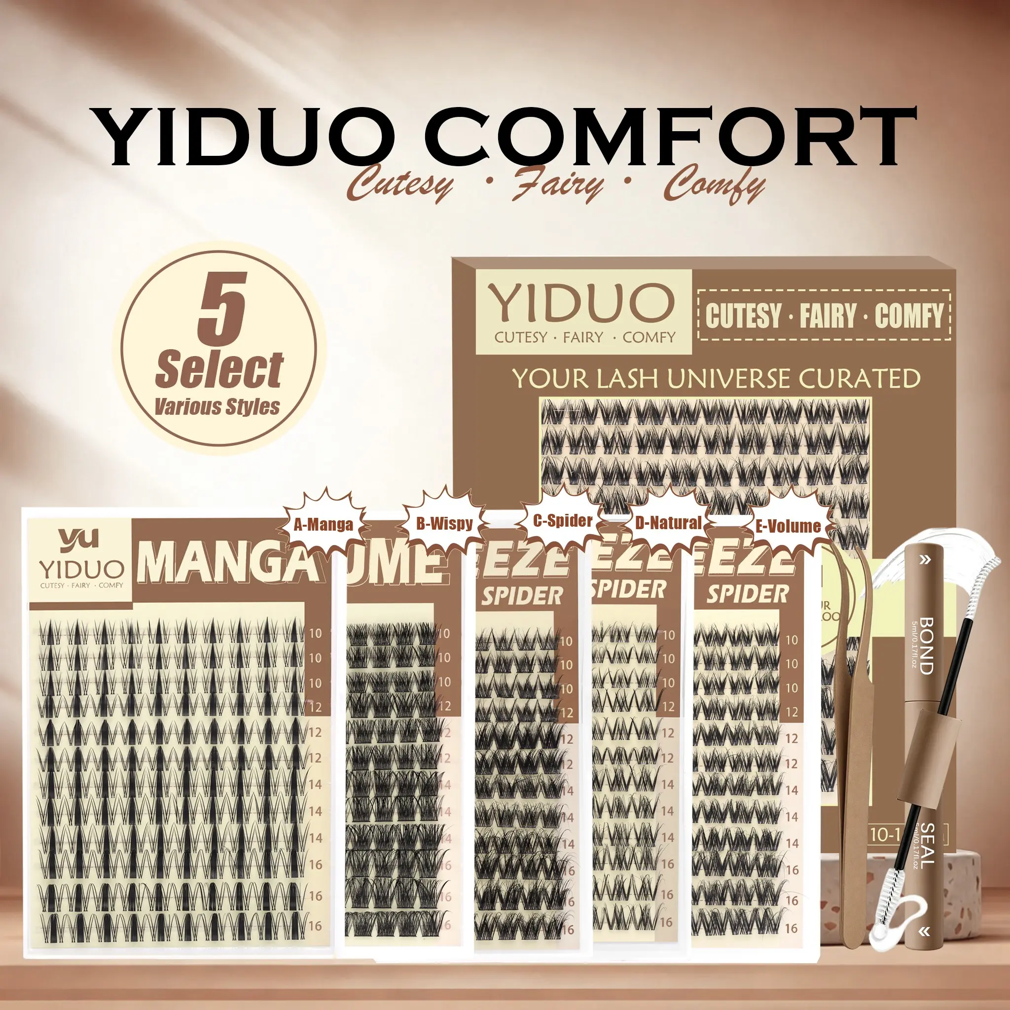 YIDUO Various Styles Lash Clusters 10-16mm Kit with Bond, Seal & Tweezers. D Curl Wispy Cosmetic Lashes Natural Volume False Manga Spider Lashes, Ultra-Thin 0.05mm Band, Feather-Light, Waterproof, Beginner-Friendly