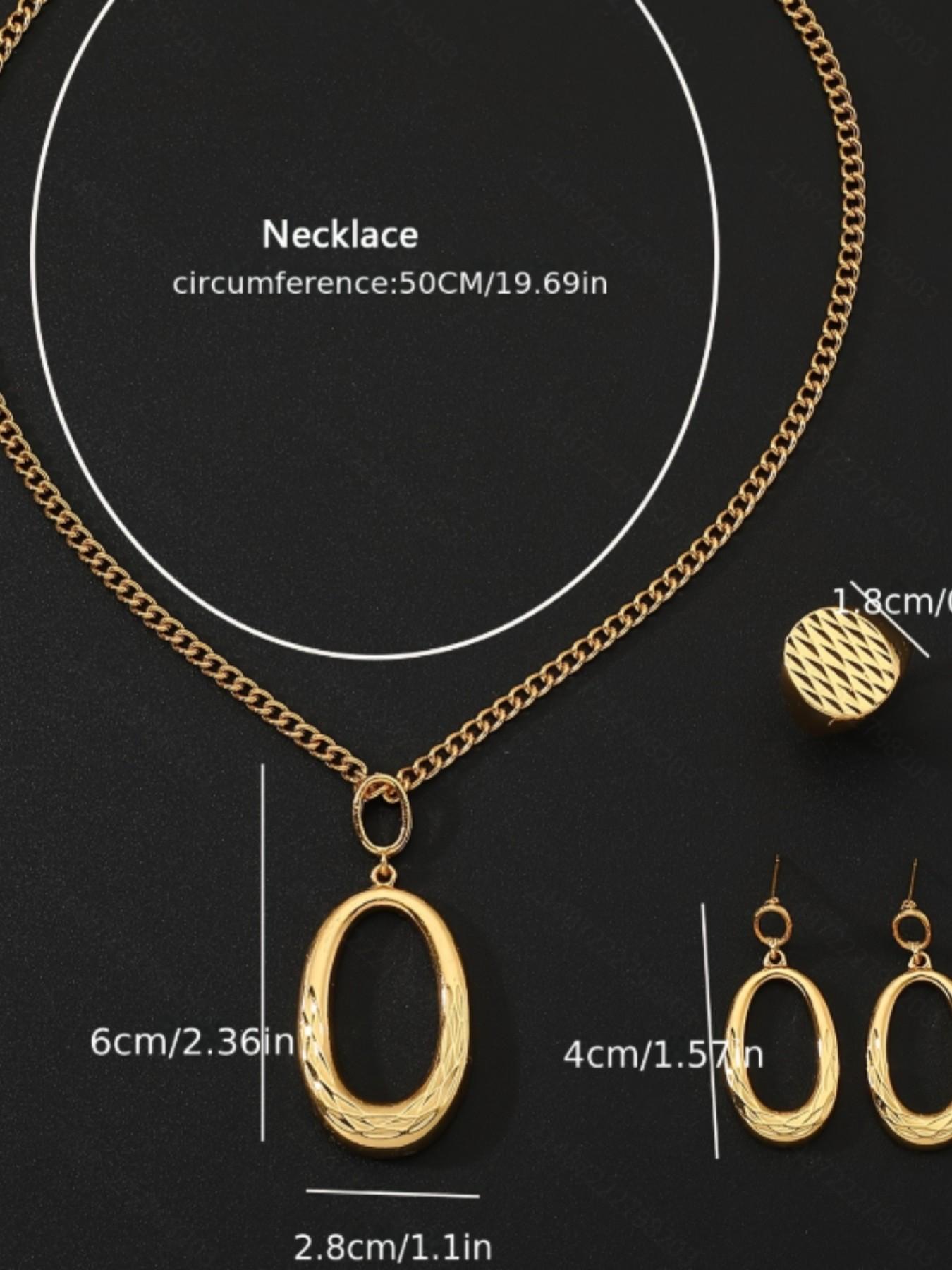 4 Piece Set Vintage Oval Geometric Jewelry, Necklace Earrings Ring, Elegant Party Wedding Accessories, All Seasons