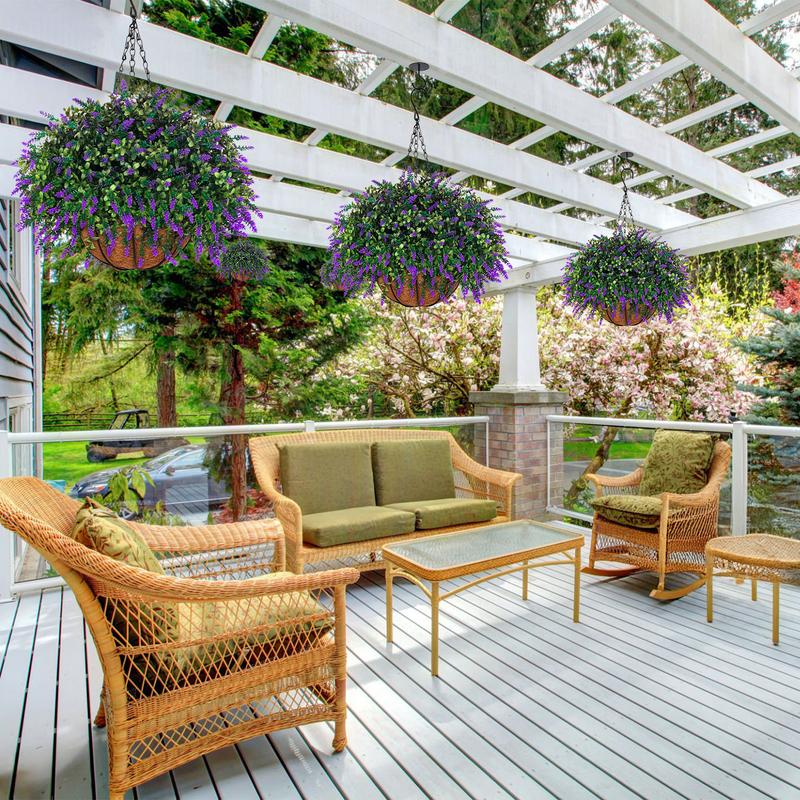 2sets hanging planters for outdoor plants with artificial flowers,2 coconut fiber hanging baskets, 60 artificial lavender flowers,for Summer and Spring Home Porch, Patio, and Terrace Decoration