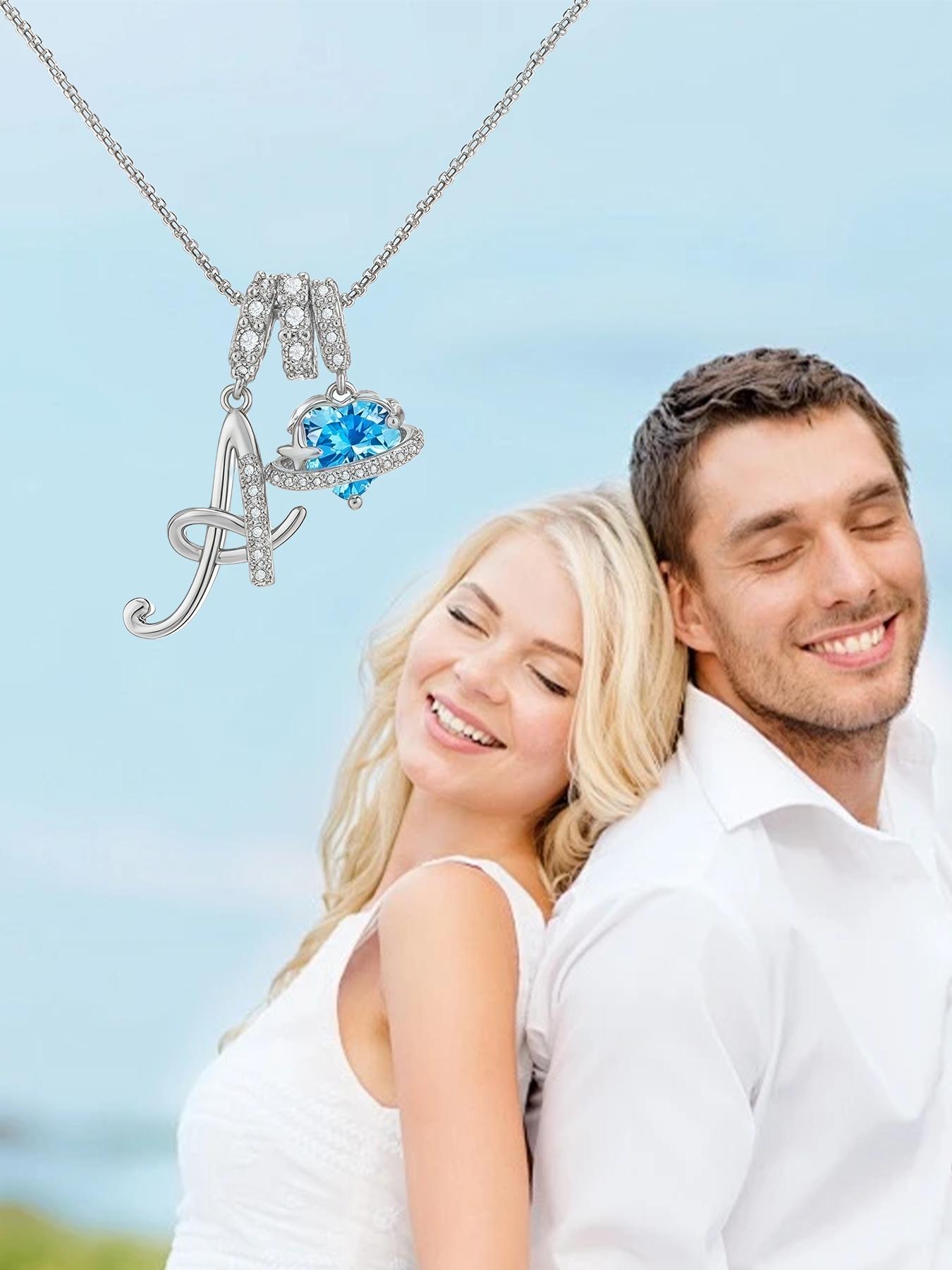 Women's Cz Birthstone Necklace with Blue Rose Jewelry Box, A-Z Letter Pendant, Casual Style Gift for Wife Girlfriend Mom Daughter, Initial Letter Necklace