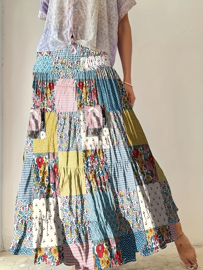 Plus Size Colorblock Print Pocket Skirt, Casual Waist Tie Long Half Skirt, Comfortable and Stylish Women's Fashion Plus Size Colorblock Print Pocket Skirt, Casual Waist Tie Long Half Skirt, Comfortable and Stylish Women's Fashion