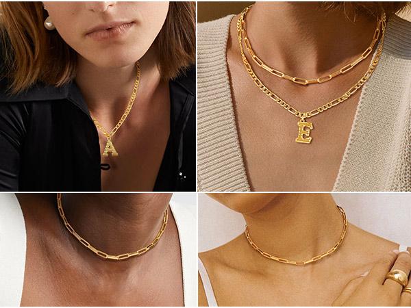 FindChic A-Z 26 Letters Double Layer Choker Necklace Set Alphabet Initial Name Lariat Chain Minimalist Pendant Seperated Chain Everyday Jewelry For Women