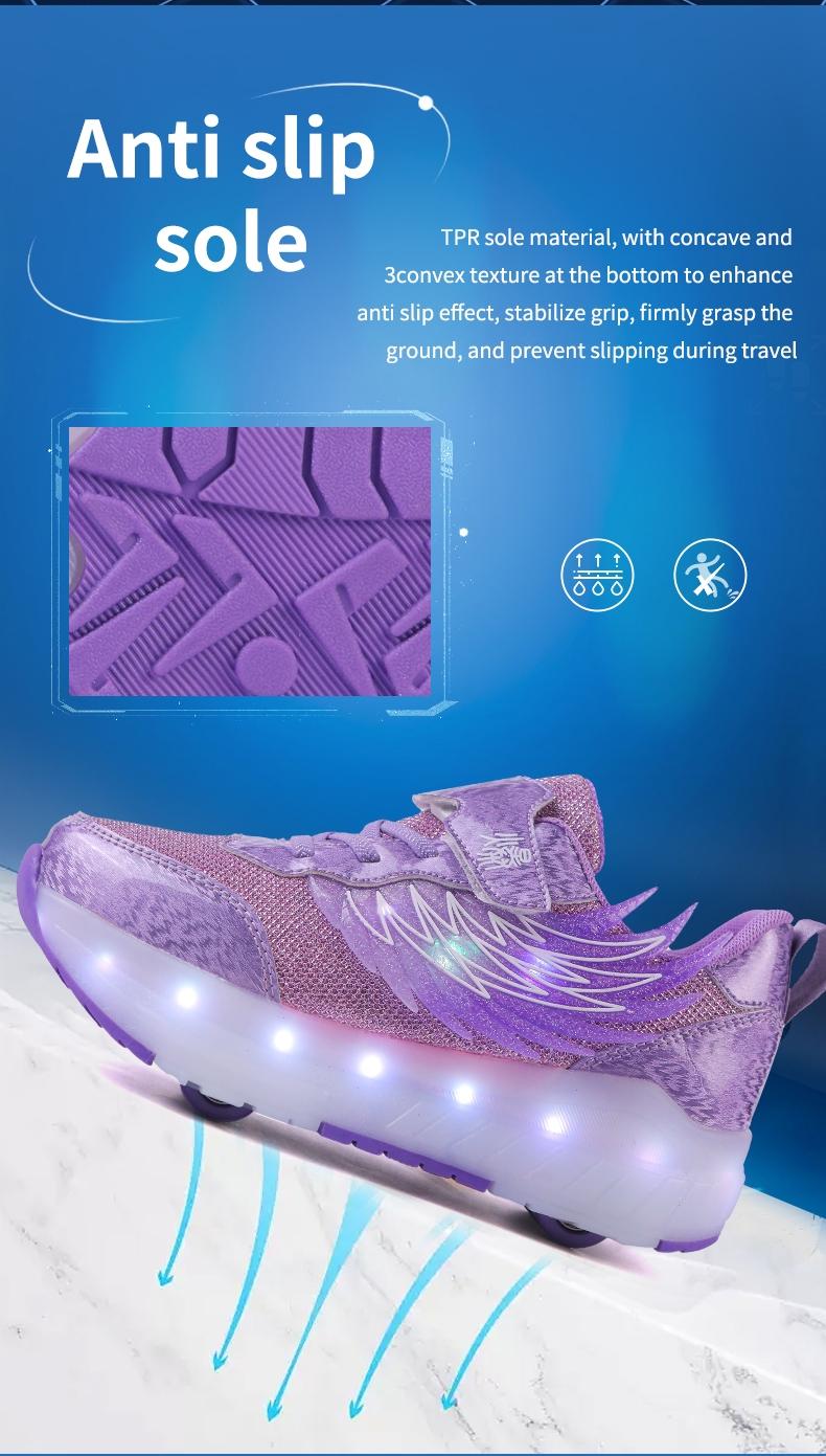 Girls' LED Light-Up Roller Skates, USB Rechargeable, Detachable Wheels, Breathable PU Leather, All-Season Casual Shoes, Shoes with Wheels