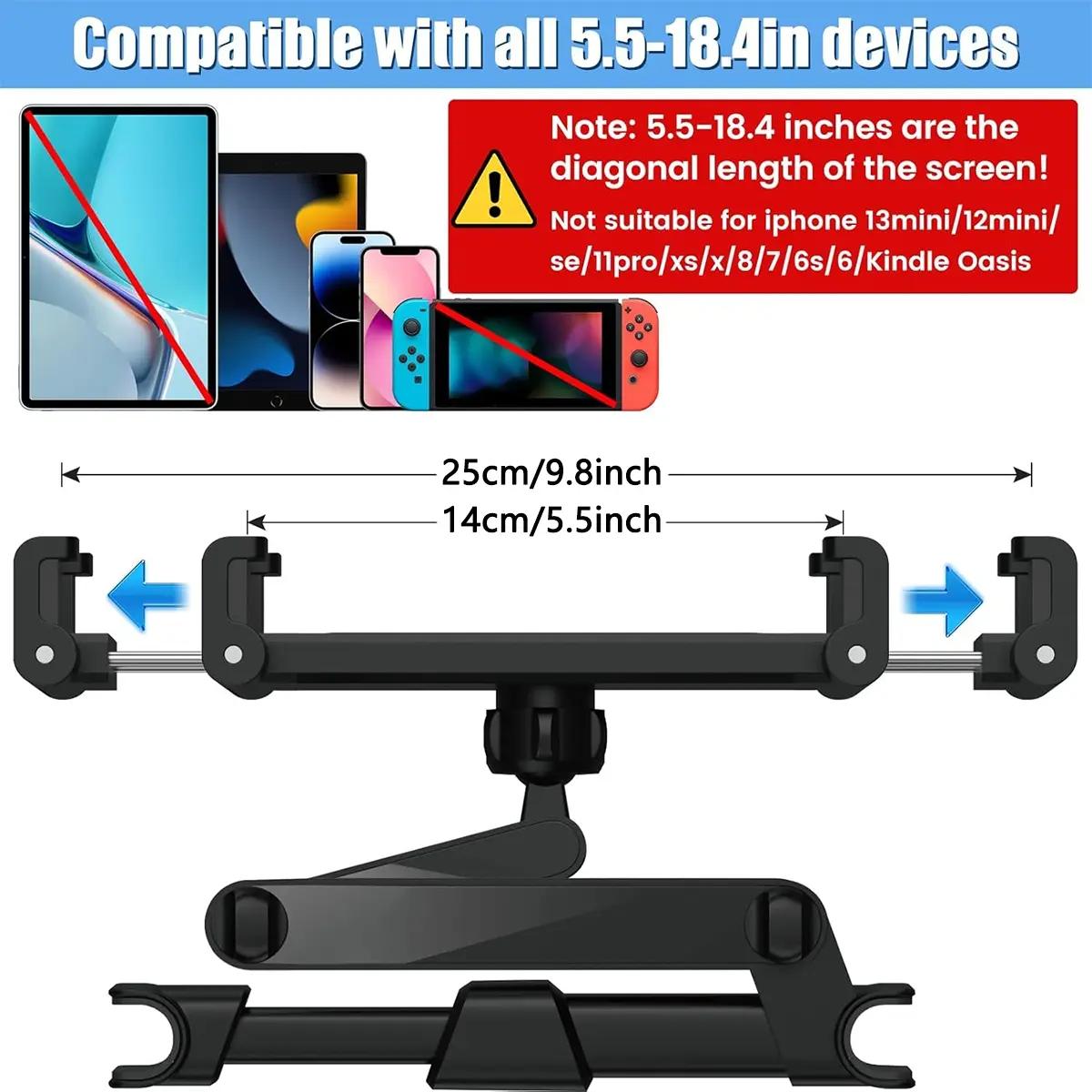 Car Headrest Phone and Tablet Holder with 360° Rotating Extension Arm, Fits 4.7–11‑inch iPad and iPhone, Universal Travel Must-Have for Kids, Universal Smartphone Holder, Car Phone Mount, Car Cellphone Mount